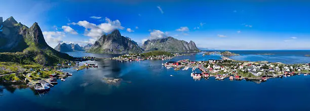 Aerial panorama of Reine, scenic fishing town on Lofoten islands in Norway