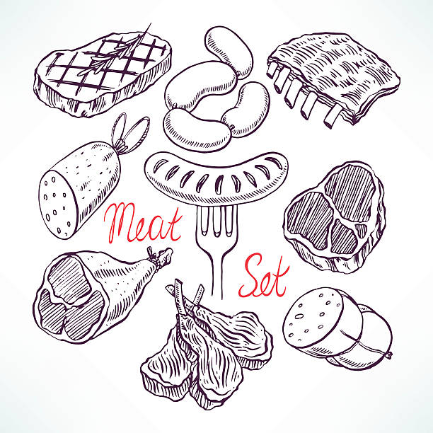 набор мясные продукты - бифштекс иллюстрации stock illustrations