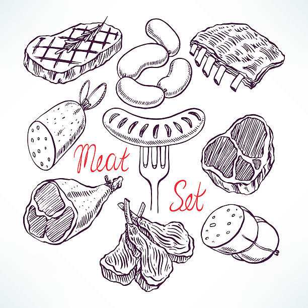set of meat products set of appetizing meat products. hand-drawn illustration meat cartoon stock illustrations