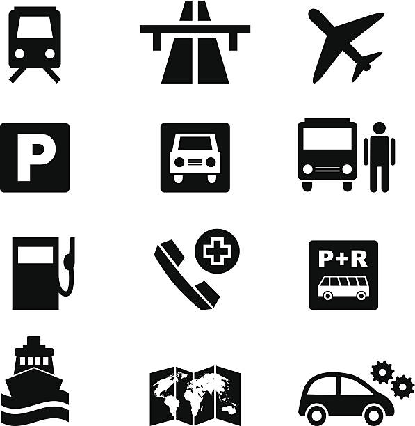 icon-set-verkehr und reisen in schwarz - web 2 0 stock-grafiken, -clipart, -cartoons und -symbole