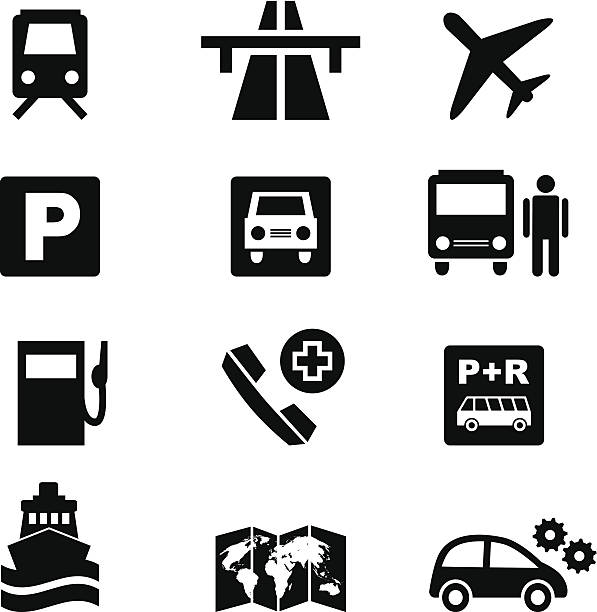 illustrations, cliparts, dessins animés et icônes de ensemble d'icônes de voyage et de circulation en noir - interstate
