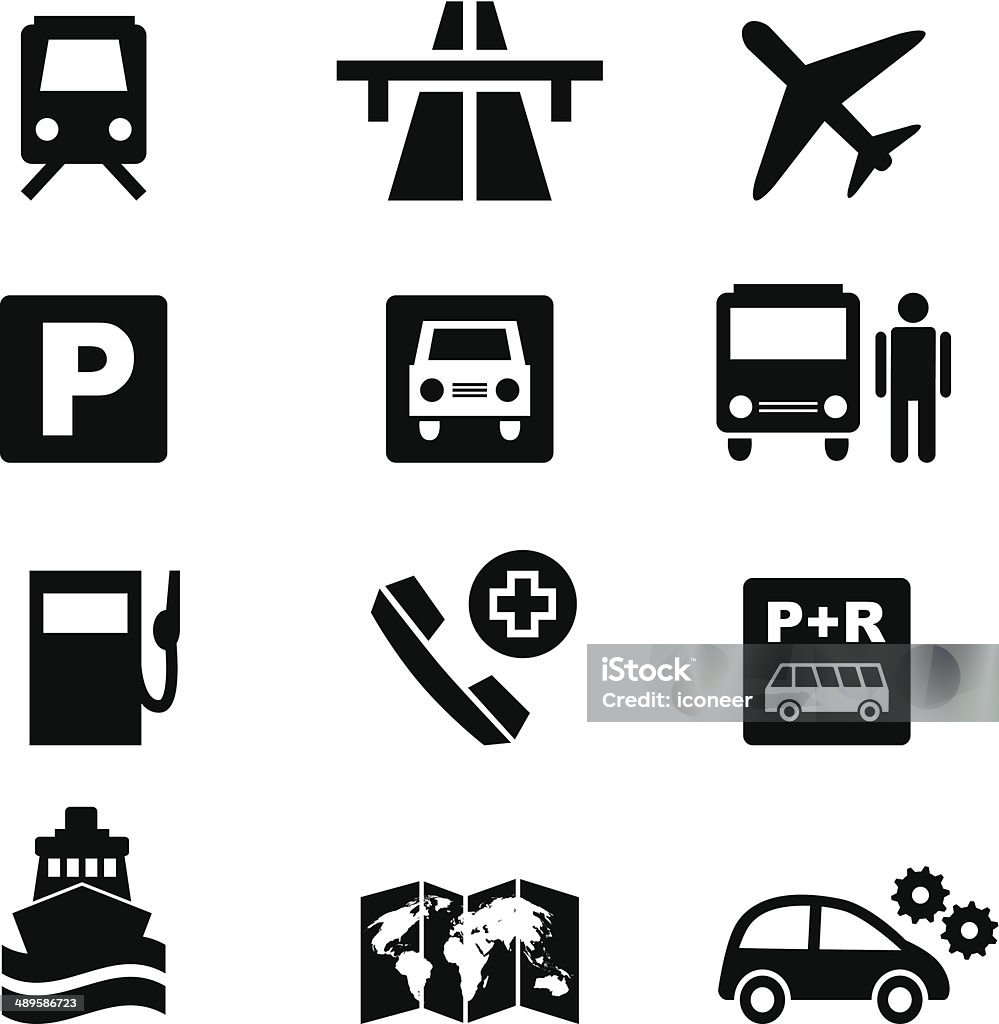 Icon set traffic and travel in black A collection of travel and traffic icons. Good for street maps, travel websites or general transportaion purposes. All elements are separated. Hires JPEG (5000 x 5000 pixels) and EPS10 file included. Icon Symbol stock vector