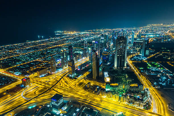 istock Dubai downtown night scene with city lights, 489587231