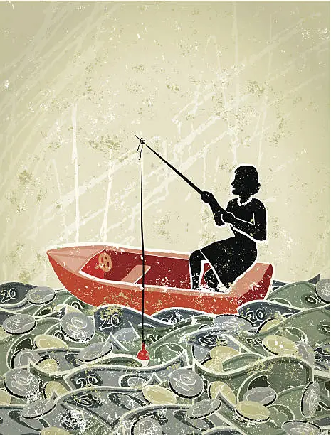 Vector illustration of Retro,  Business Woman Fishing in a Sea of Money