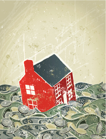 Safe House! A stylized vector cartoon of a House sinking in a sea made from money. Suggesting  - flood, money pit, expense, mortgages, home insurance, safe house, home loan,home, home finance, or home security. Money, house, paper texture and background are on different layers for easy editing. Please note: this is an eps 10 illustration and clipping masks have been used.