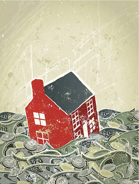 Vector illustration of Flood, House Sinking in Money Sea