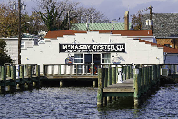 Annapolis Maritime Museum View Four Annapolis, Maryland, USA--November 17, 2013:  Annapolis Maritime Museum, formerly McNasby’s Oyster Packing Company on Back Creek on the Chesapeake Bay. skipjack stock pictures, royalty-free photos & images