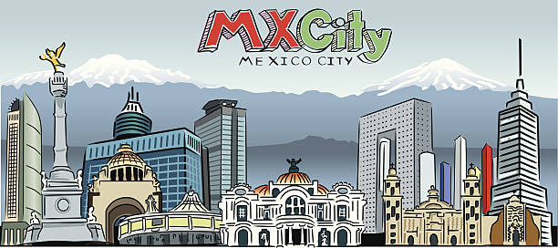 mexicocityskyline Cartoon like illustration of the most representative buildings in Mexico city with the two volcanoes in the background mexico city stock illustrations