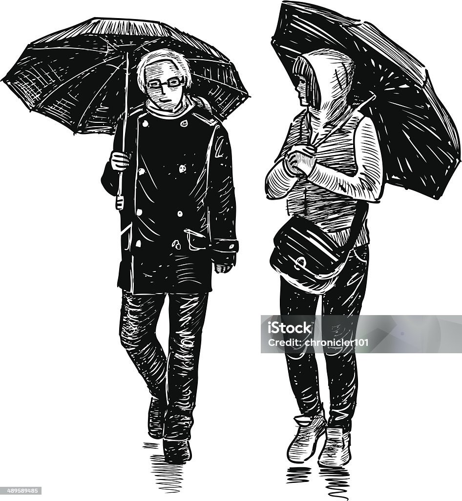 pair under umbrellas Vector drawing of the walking couple under umbrellas. Adult stock vector