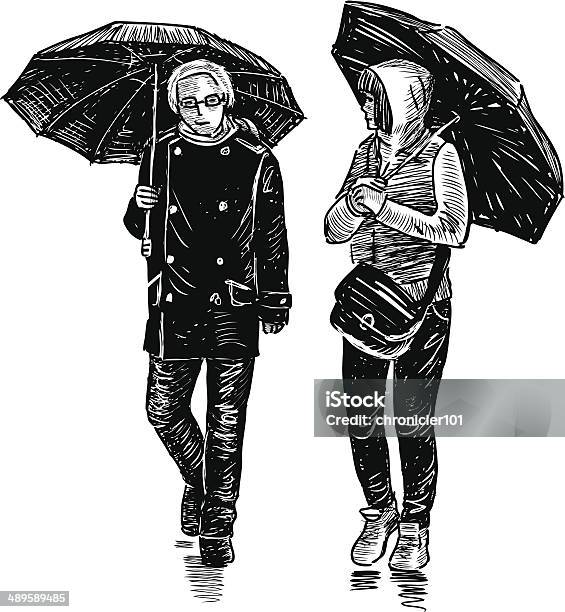 Pair Under Umbrellas Stock Illustration - Download Image Now - Adult, Adults Only, Black And White