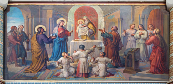 Vienna - Presentation little Jesus in the Temple fresco by Josef Kastner from 19. cent. in Carmelites church in Dobling.