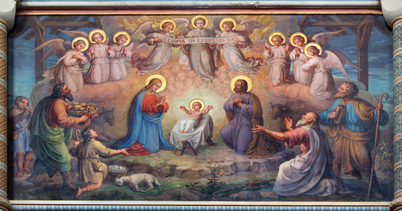 Vienna - Fresco of Nativity scene by Josef Kastner from 19. cent. in Carmelites church in Dobling.