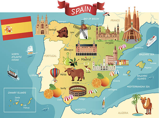 cartoon karte von spanien - seville water spain european culture stock-grafiken, -clipart, -cartoons und -symbole