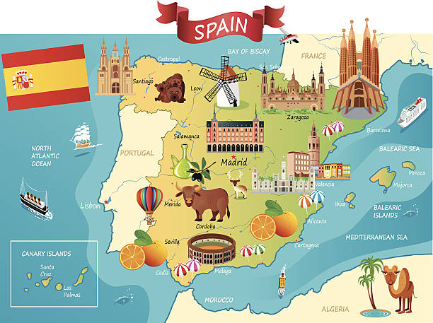 ilustraciones, imágenes clip art, dibujos animados e iconos de stock de dibujo mapa de españa - barcelona sevilla