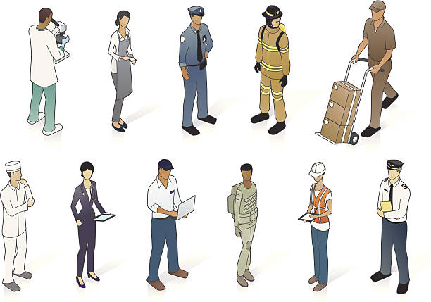 isometric osób w uniformach - isolated telephone construction white background stock illustrations