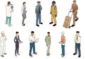 A workforce of men and women include scientist, waitress, police officer, firefighter, delivery person, cook, doctor, mechanic, soldier, construction worker, and airline pilot.