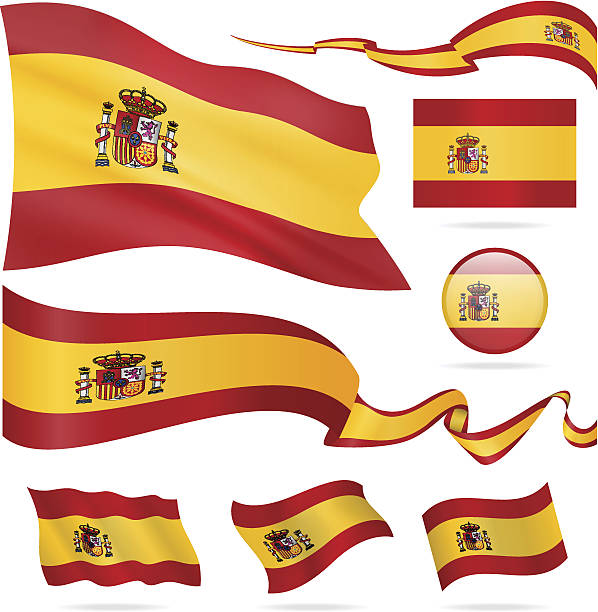 Flags of Spain - icon set - Illustration Spain - waving flags and icons spanish flag stock illustrations