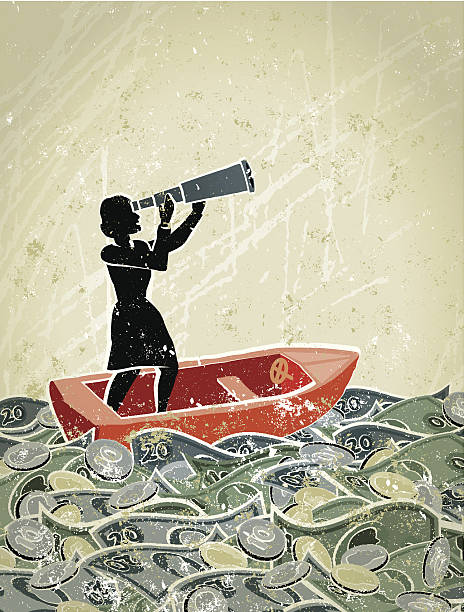 ilustrações de stock, clip art, desenhos animados e ícones de retro, mulher de negócios olhando através de um telescópio em um mar de dinheiro - star nautical vessel one person direction