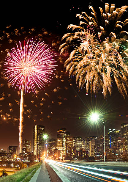 istock skyline of  calgary with fireworks for the new year 489600328