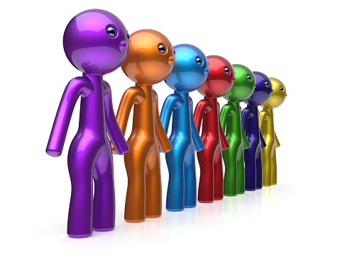 Human resource characters social network teamwork friends chain line people diverse friendship row individuality team seven different cartoon persons unity meeting concept colorful. 3d render isolated
