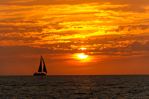 water as a flock of birds fly against a colorful vibrant orange and yellow cloudscape sunset.