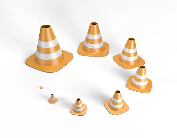 Traffic cones in decreasing / increasing sizes arranged in a circle. High quality 3D illustration including a clipping path.