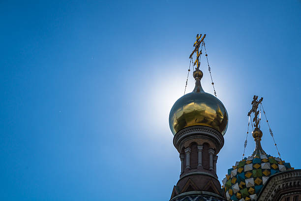Crosses and domes on the church of the Savior on Spilled Blood in St. Petersburg, Russia