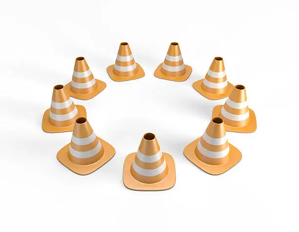 Traffic cones arranged in a circle. High quality 3D illustration including a clipping path.