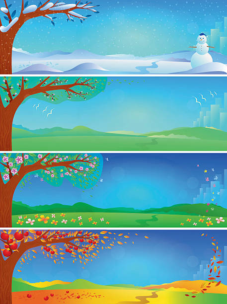 four seasons — banery - bare tree winter sunlight backgrounds stock illustrations