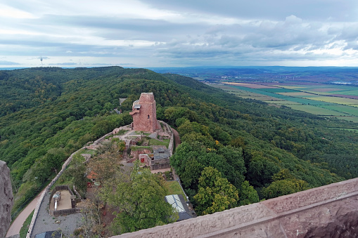 The view from Kyffhäuserdenkmal in southwest. The Kyffhäuser Monument is one of the largest and best known of the Kaiser Wilhelm monuments. The Kyffhäuserdenkmal is in Germany Thuringia within the Kyffhäuser Hills in the nature park Kyffhäuser. (Geodata: 51 ° 24`47.70 \