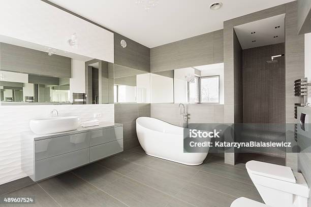 White Exclusive Washroom Stock Photo - Download Image Now - Domestic Bathroom, Modern, Interior Decor