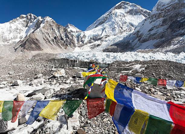 istock Mount Everest base camp with rows of buddhist prayer flags 489608318