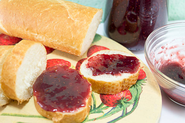 istock Strawberry jam on the bread slices served a decoupage decorated 489610280