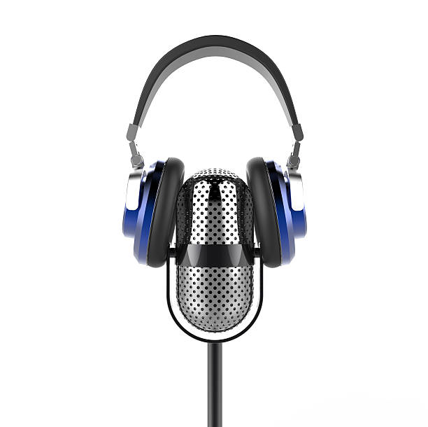 istock Vintage microphone with modern headphones 489610650