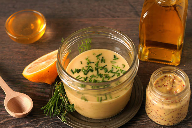 Homemade honey mustard dressing stock photo