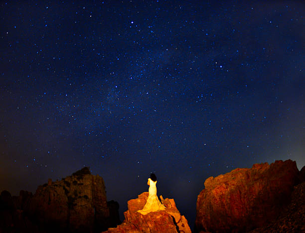 istock Woman standing in dress at night watching Galaxy 489612376
