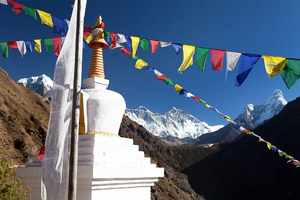 istock White stupa and prayer flags near Namche Bazar 489612772
