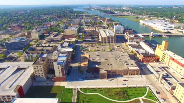 Aerial tour of scenic urban downtown district