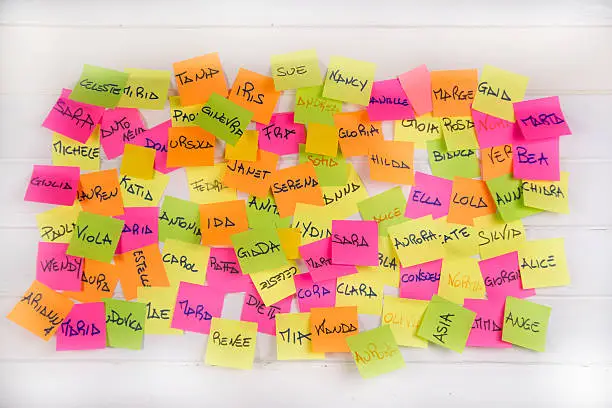 Women's names written on post it in different colors