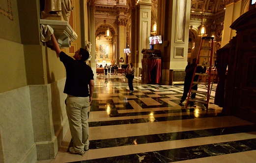 Philadelphia, PA, USA - September 23, 2015; Two days ahead of the U.S. Papal visitCrews clean details of the church interior of the cathedral Basilica of Saints Peter and Paul, located on the Benjamin Franklin Parkway, in Center City Philadelphia, PA. (Photo by Bastiaan Slabbers)