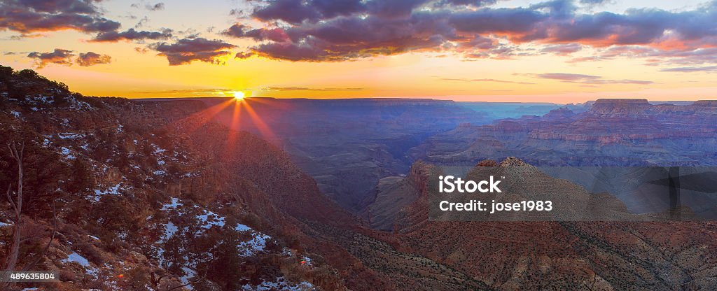 Majestic Vista of the Grand Canyon at Dusk Beautiful Landscape of Grand Canyon from Desert View Point during dusk 2015 Stock Photo