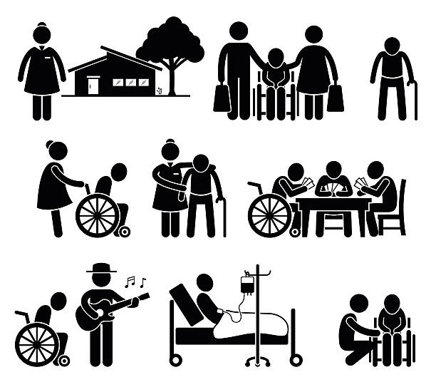 Elderly Care Nursing Old Folks Home Retirement Centre Pictogram Pictogram of old folk home and retirement center. There are nurses, family sending their parent, old man on wheel chair, playing cards, entertainment, and laying on bed with dripper. father and son guitar stock illustrations