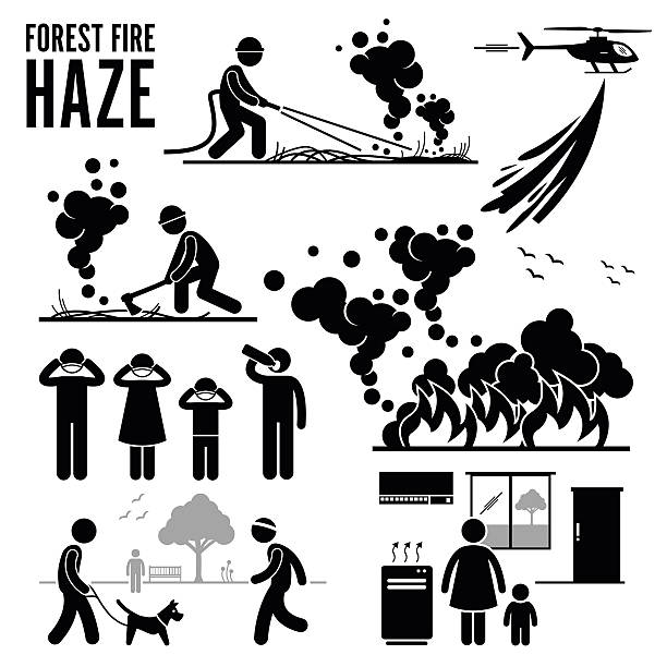 ilustraciones, imágenes clip art, dibujos animados e iconos de stock de incendio forestal y opacidad problemas pictograma - wildfire smoke
