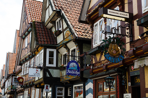Celle, Germany - April 19, 2014: Photograph of halb-timbered houses in Neue Strasse.