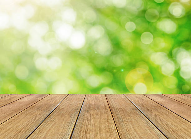 istock Nature bright spring background with sunlight bokeh and wooden floor 489637362