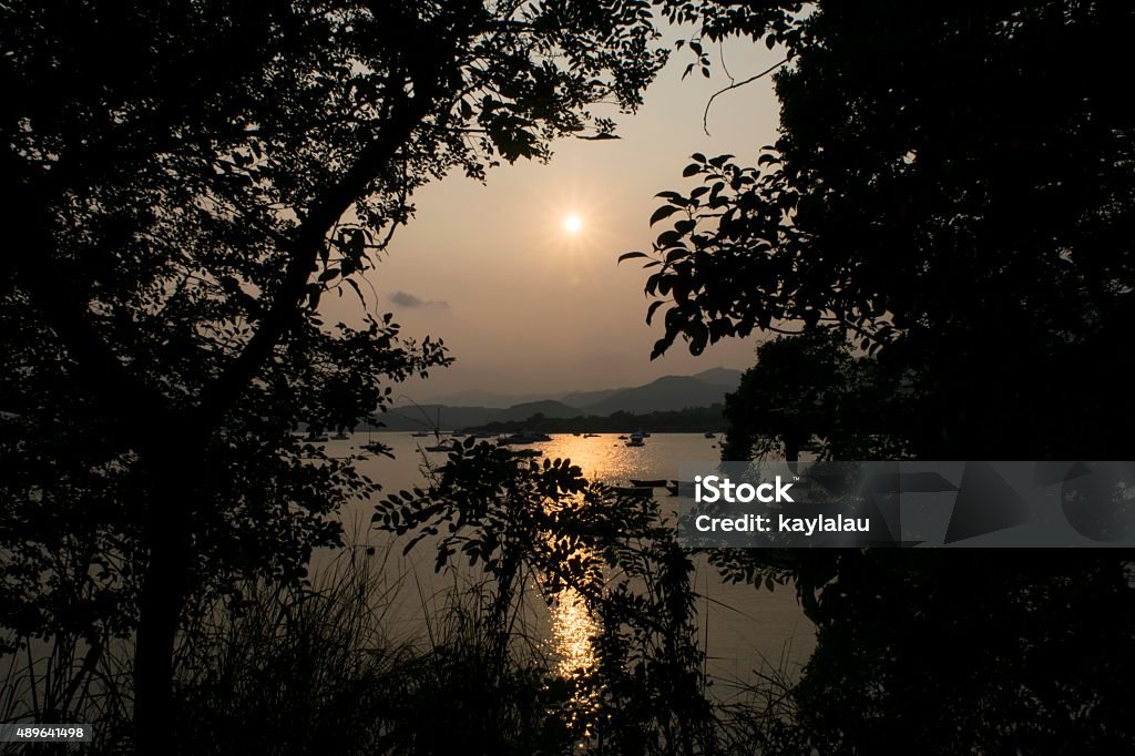 Sunset sunset through a frame of leaves 2015 Stock Photo