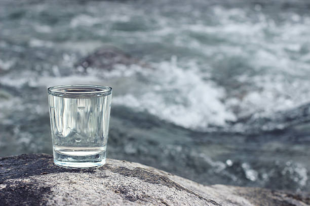 Pouring water into a glass against the nature background. stock photo