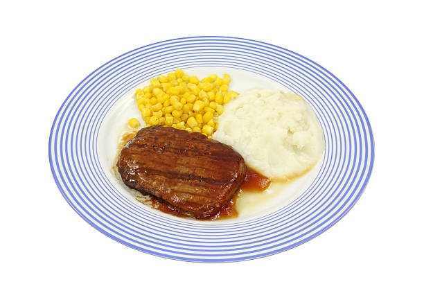 carne de salisbury jantar na placa azul - salisbury steak imagens e fotografias de stock
