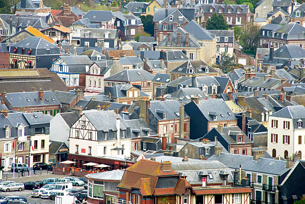 View across rooftops of city Etretat, Normandy, France