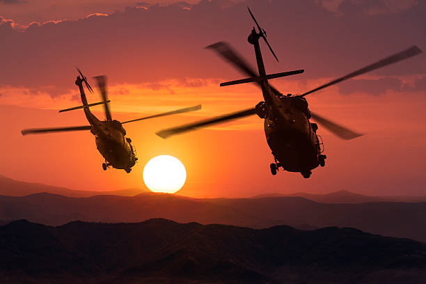 istock Two flying army helicopters on sunset background 489658482